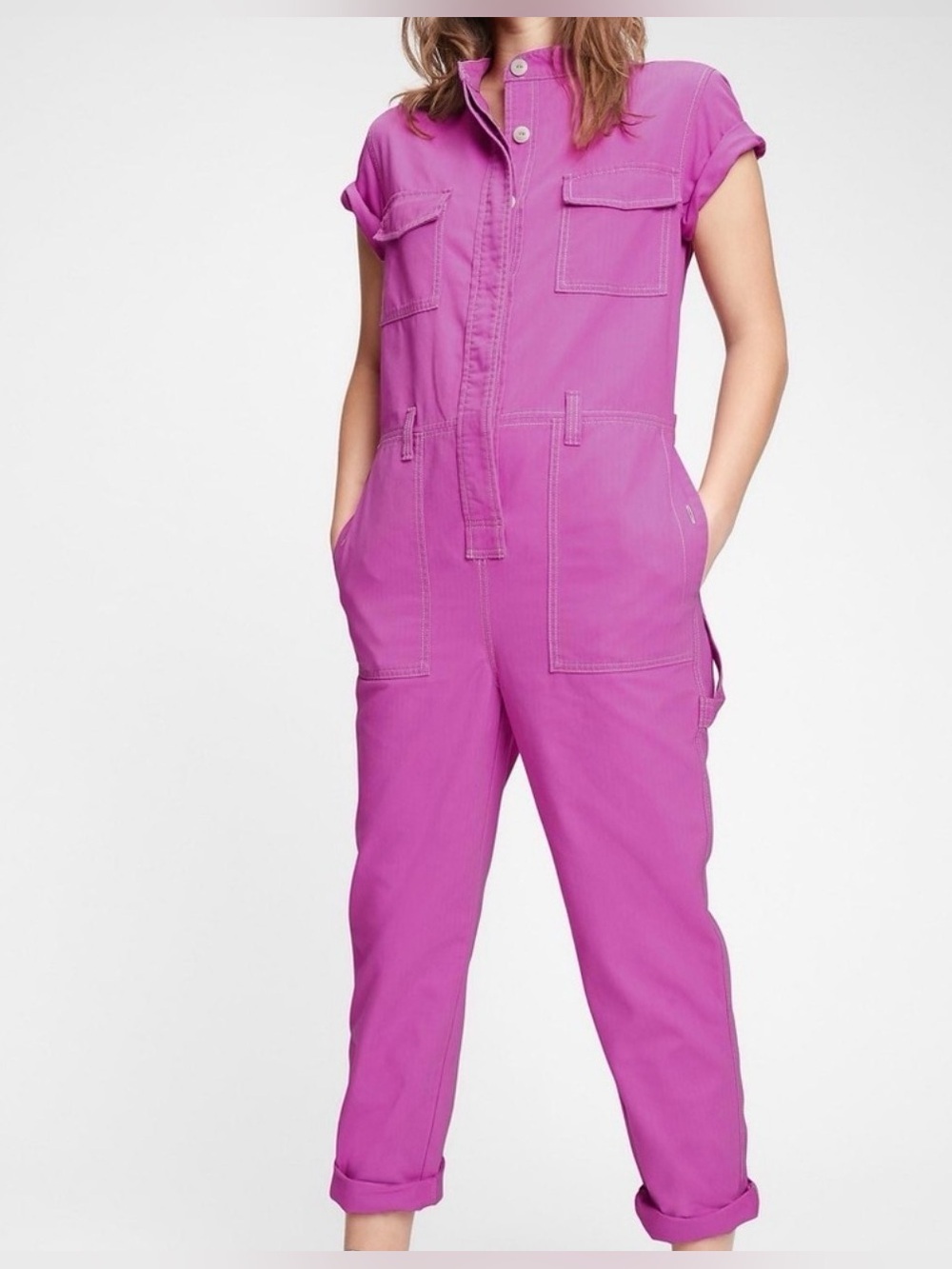 GAP Work Force Utility Jumpsuit NWT Pink Fuchsia Twill Coverall Women’s Sz 12